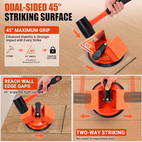 Floor Gap Fixer Tool: Flooring Repair Tool with Dual 45° Striking Surface & Suction Cup for Laminate & Vinyl Plank (LVP/SPC) Floors, Floor Gap Puller Kit with Mallet, 6 Upgraded Adhesive Pads, Scraper