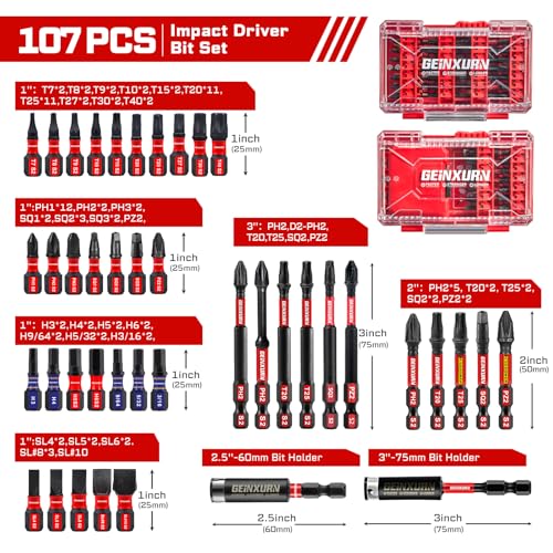 Geinxurn 107Pieces Impact Screwdriver Bits Set, Magnetic S2 Steel 1”/2”3”Phillips/Square/Torx/Slotted/Hex/Pozi Bits Tips and Impact Bit Holder with Storage Box Case - style: STKB107