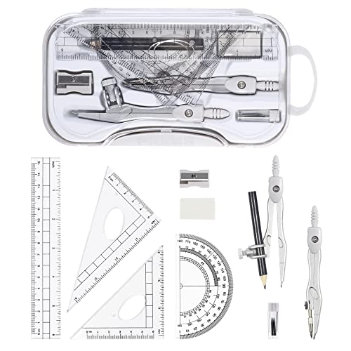 Unjoo Geometry Set 10 Pcs Student Supplies, Protractor and Compass (Grey） - color: Grey