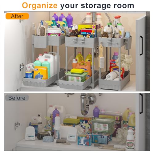 Sevenblue 3-Pack 2-Tier Under Sink Organizers with Sliding Drawers - color: Gray, size: 12.8 Inch
