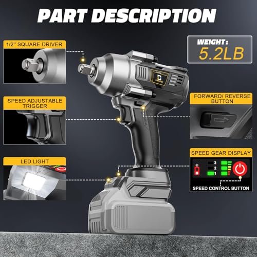 Cordless Impact Wrench 1/2 inch Compatible with Dewalt Battery, 750FT-LBS (1000N.m) Brushless Electric Impact Gun Includes LED Work Light, High Torque Impact Driver, Bare Tool Only - size: 1/2inch, style: Fit for DeWalt(750FT-lbs)