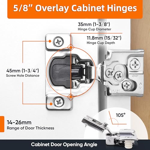 Decobasics 50 Pack Soft Close Cabinet Hinges – 5/8" Overlay for Kitchen Cabinet Doors, Face Frame Concealed Hidden Hinges – Stainless Steel, Self-Closing with 3-Way Adjustment & Slow Close Damper - size: 5/8 Inch