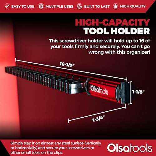 Olsa Tools Magnetic Screwdriver Organizer, Red, Holds 16 Screwdrivers - color: Red Organizer / Black Clips
