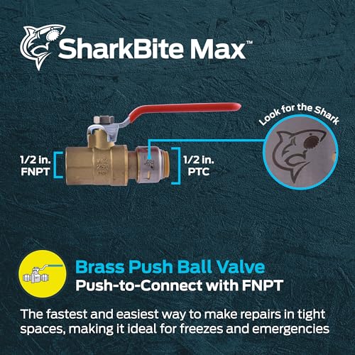 SharkBite Max 1/2 Inch x 1/2 Inch Ball Valve with FNPT Connector, Push to Connect Brass Plumbing Fitting, PEX Pipe, Copper, CPVC, PE-RT, HDPE, UR22182A - size: 1/2 in. PTC x 1/2 in. FNPT, style: SharkBite Max