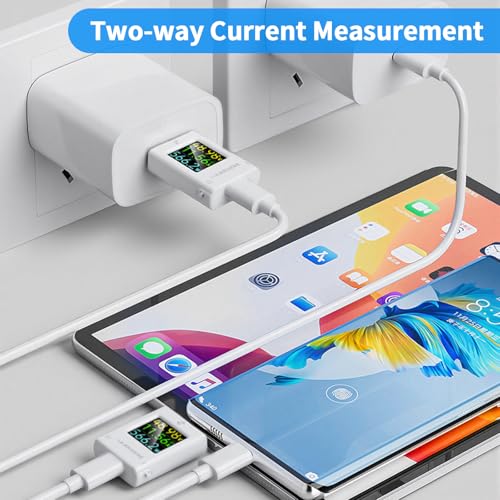 USB C Power Meter USB C Tester, USB Multimeter 6-Digit 4.5-50V 0-12A Two-Way Measurement Voltage Current Capacity Amp Volt Voltmeter Ammeter Detector Color Display Digital Tester for Chargers Cable - color: White