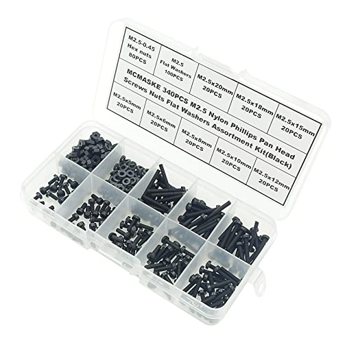 Metric M2.5 Phillips Pan Head Nylon Screws Nut Washer Assortment Kit,Screws Length:5mm to 20mm(Black) - size: M2.5