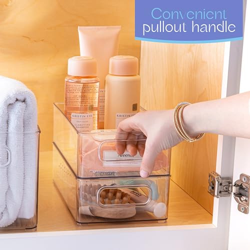 Plastic Food Storage 6 Pack Clear Container Bin with Handles for Organizing Kitchen, Pantry, Refrigerator, Freezer, Pantry, Cabinet, Closet, Bathroom. Stackable 10”x6”x3” - size: 10x6x3
