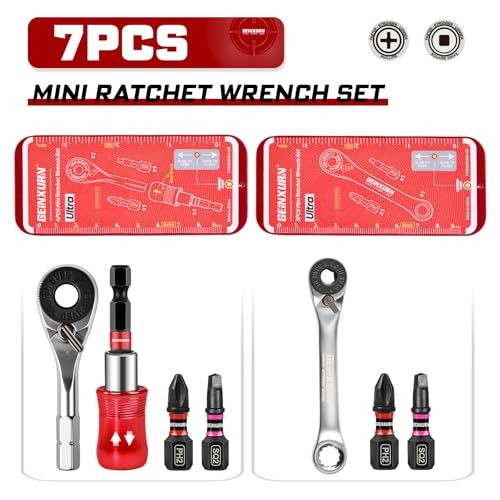 GEINXURN Mini Ratchet Wrench Set, 72 Teeth 1/4" Ratchet Wrench For Tight Spaces, Magnetic Locking Bit Holder and Mini Socket Ratchet Comes in a Push-Pull Tin Case, Ideal for Repair and DIY projects - size: 07