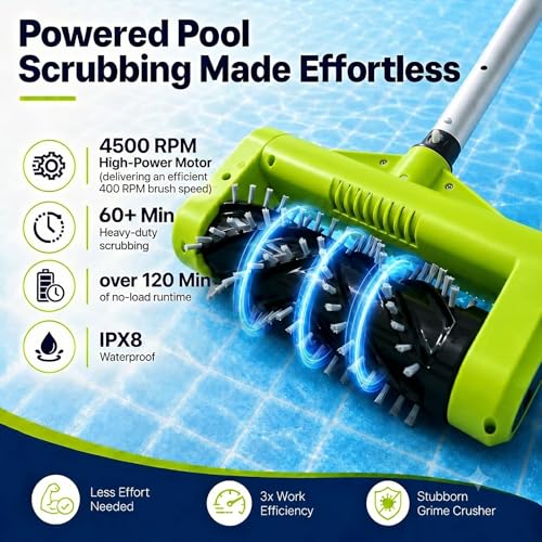 Sepetrel Electric Pool Brush Head, Cordless Motorized Pool Scrubber for Inground & Above Ground Pools, IPX8 Waterproof Shaftless Magnetic Drive Roller Brush for Waterline & Wall Cleaning - size: 11" SP251