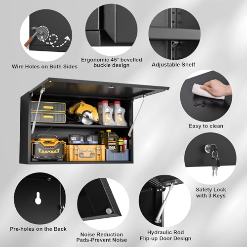 Garage Wall Cabinet, Metal Tool Cabinet with Lock&Adjustable Shelf - color: Black