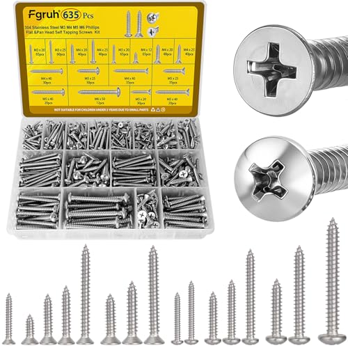635Pcs 304 Stainless Steel Self Tapping Screws Assortment Kit, M3/M4/M5/M6 Phillips Flat Head & Pan Head Wood Screw Kit - size: 635pcs M3M4M5M6 Silver