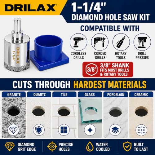 Drilax 1-1/4 Inch Diamond Hole Saw with Water Guide, Tile Drill Bit for Ceramic Porcelain Glass, Quartz Granite Countertop Drill Bit, Wet Cutting Kit with 3/8 Inch Shank - size: 1-1/4 inch
