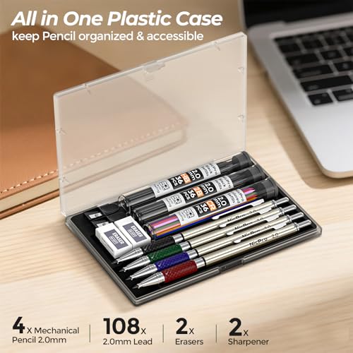 Nicpro 2.0 mm Mechanical Pencils Set, 4PCS Metal Mechanical Drawing Pencil