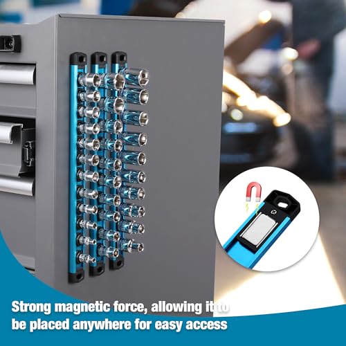 WORKPRO Magnetic Socket Organizer, Heavy Duty 1/2-Inch Drive Socket Rail - color: Sky Blue, size: 1/2" DR