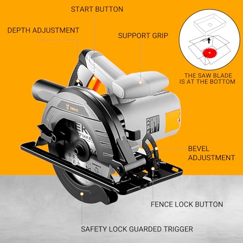 Circular Saw 1200W: DEKOPRO High-Power Saw with 165mm 24T Blade, 4800 RPM, Max Cut Depth 55mm (90°), 33mm (45°), Heavy-Duty Steel Base, Includes Guide Rai, Power Saw for Wood, PVC