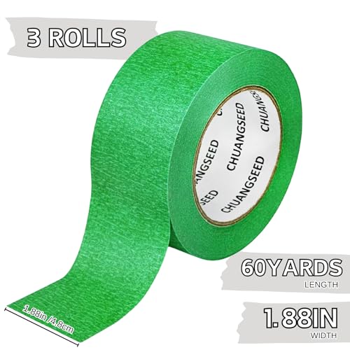 CHUANGSEED 3-Pack Green Painters Tape 1.88 Inches x 60 Yards Green Masking Tape Bulk - Sharp Edge Line Technology, Produces Sharp Lines Residue-Free and Artisan Grade Wall Trim Tape - color: Green