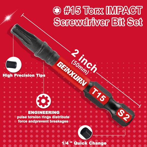 Geinxurn 5 Pieces T15 2 In. Impact Tough Magnetic Insert Bit Set, #15 Torx Head Power Bits, S2 Alloy Steel Star T15 Screwdriver Bits Set - size: 2"-5PCS, style: T15
