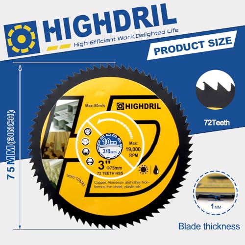 HIGHDRIL HSS Metal Blade 3" 75mm x Arbor 3/8" 10mm - 4pcs Angle Grinder Cutting Disc for Cutting Copper Aluminum Plastic Soft Metal - size: HSS Metal Blade