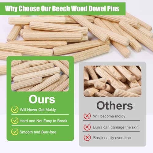 1/4" x 1-3/4" Wooden Dowel Pins, FoDau770 Fluted Wood Dowel Rods, Natural Beech Wood Dowel Pegs for Crafts, Woodworking, DIY Furniture - 200 Pieces - size: 1/4" x 1-3/4"