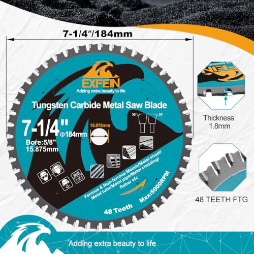 7-1/4" 48T Metal Circular Saw Blade - EXFEIN Tungsten Carbide Tipped Saw Blade Arbor 5/8" for Metal Sheet or Pipe, Angle Iron, Rebar, Ferrous Metals, Non-Ferrous Metals - size: 7-1/4"
