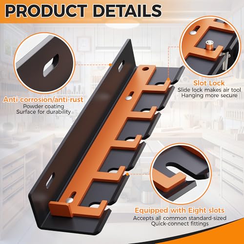 Air Tool Pneumatic Tool Holder,Wall Mount Air Tool Rack,Lockable Air Tool Hanger for Garage Shop Storage Organize,Fit 1/4" Standard Connection Accessories,Comes with Five Slots