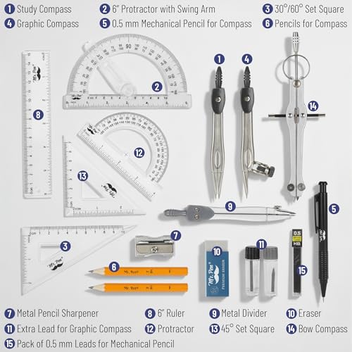 Mr. Pen- Geometry Set, 15 Piece Set with 6 Inch Swing Arm Protractor - color: Classic Slate