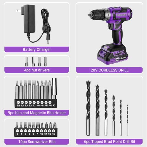 Power Drill Cordless: DEKO PRO Cordless Drill 20V Electric Power Drill Set Tool for Women Drills with Battery and Charger 20 Volt Drills Driver Kit Purple - color: Purple