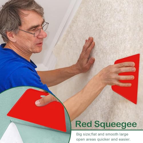 9Pcs Wallpaper Smoother Tool Kit – for Peel and Stick Wallpaper, Vinyl Backsplash Tile (1 Trapezoid Scraper + 1 Blue Long-pile Smoother + 1 Craft Knife + 5 Blades + 1 Red Tape Measure) - color: Red(9pcs)