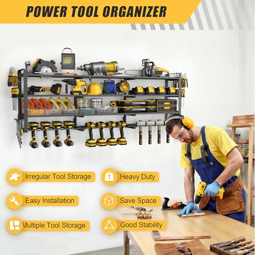 49''W Power Tool Organizer Wall Mount, 650LBS, 4 Tier, 12 Drill Holders - size: 49.4" Width 4-Tier