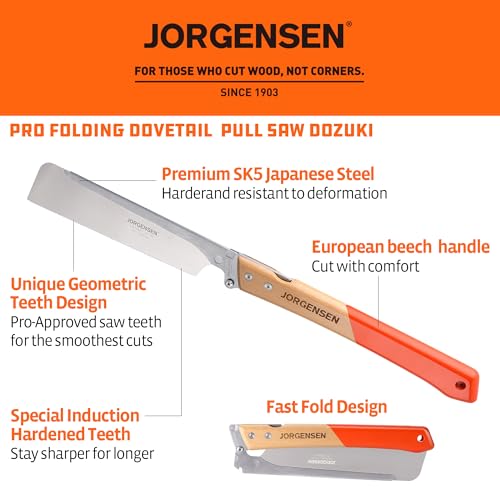 JORGENSEN Japanese Pull Saw, 9.5 Inch Pro Folding Dovetail Saw with Beech Wood Long handle, SK5 Steel Blade Tool-less Quick Change, 21TPI Cross Cut Woodworking Handsaw for Hardwood, Softwood - size: 9.5 Inch