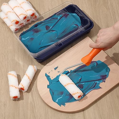 Qilery 32 Pcs 4 Inch Paint Roller Tray Kit Includes 20 Pcs Disposable Liners and Tray, 10 Piece Covers Replacement, Frame with Handle for Home Wall Furniture Craft Work Supplies