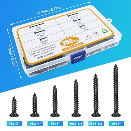 200PCS #6 Black Wood Screws Assortment Kit, 304 Stainless Steel Screws, Drive Sheet Metal Self Tapping Screws with Screwdriver Bit, 6 Sizes (2”,1-1/2”,1-1/4”,1”,3/4”,1/2”) - style: Black #6 Flat Head Set 200PCS