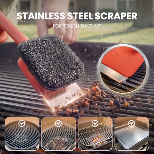 ThermoMaven Bristle-Free BBQ Grill Brush - No Wire Risk Steam Cleaner Removes Burnt Grease Fast - 17" Cool-Touch Handle, Scraper & 3 Replaceable Heads for Gas, Charcoal & Cast Iron - size: Red 3pcs-Small