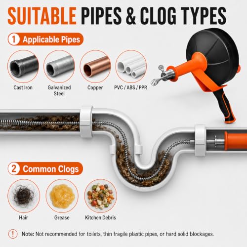 25FT Drain Auger with Drill Adapter, Plumbing Snake Clog Remover for Sinks