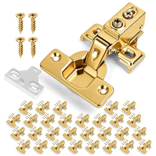 Mousike 30 Pack (15 Pair) Soft Close Cabinet Hinges, 1/2 Overlay Soft Close Hinges for Kitchen Cabinet, Stainless Steel, Built-in Damper, 100 Degree Opening Angle, 6 Way Adjustment (Gold) - color: Gold, size: 30 Pack