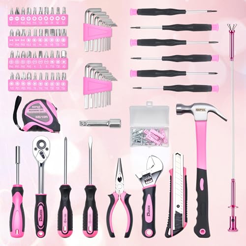 KOOPOOL 159 Piece Pink Tool Set, Tool Kit for Women, General Household pink tool kit for Home Auto Repair, Basic Mechanic Tool Box, with Storage Case - color: Pink