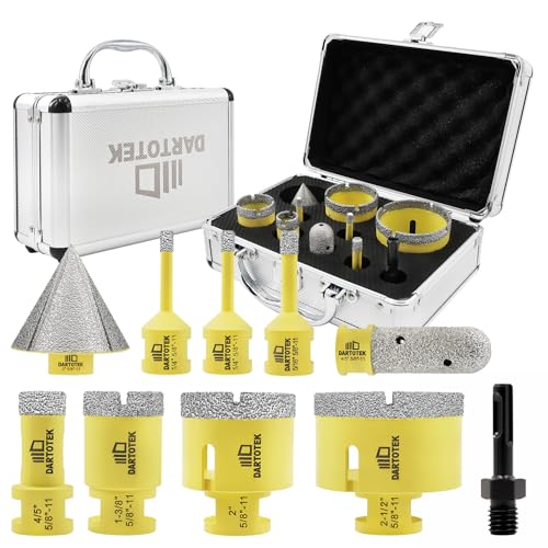 Diamond Core Drill Bits Set for Tile, DARTOTEK 10PCS Porcelain Hole Saw Kit with Aluminum Case, (6/6/8/20/35/50/65mm+2" Chamfer bit +SDS Adapter, Dry/Wet Drilling for Ceramic, Granite & Marble - size: set1