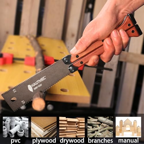 HAUTMEC Folding Japanese Pull Saw, 6-Inch Double-Edged Hand Saw with SK5 Blade (12/17 TPI), Beech Wood Handle & Storage Pouch – Compact Flush Cut Handsaw for Woodworking & Precision Cuts – HT0446