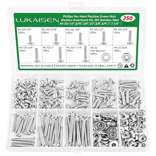 250 Pcs #6-32 Pan Head Machine Screws Nut Washer Bolt Kit,304 SS | Phillips Drive Full Thread Assorted, Includes #6-32 x 1/4"-1-1/4"Lengths for Electrical Outlet Switch Plate, Storage Box - size: SS 250Pcs #6-32（1/4" to 1-1/4" ） Pan