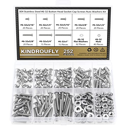 252 Pieces #6-32 x 3/16", 1/4", 5/16", 3/8", 1/2", 5/8", 3/4", 1", Button Head Socket Cap Screws Nuts Washers Assortment Kit, 304 Stainless Steel, Fully Machine Thread - size: #6-32, style: Button Head