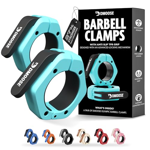 DMoose Fitness Barbell Clips 2 Inch (Pair) - Quick Release Olympic Barbell Clamps & Collars with Anti Slip TPR Grip for Secure Weightlifting and Powerlifting - Weight Clips for Bars at Home or Gym - color: Cyan, style: Magnetic