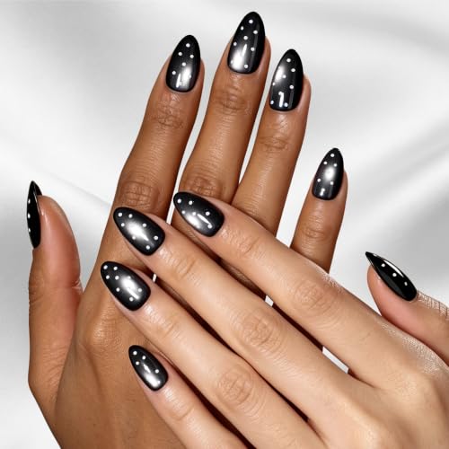 Beetles Black Cat Eye Press On Nails Short Almond, 32 PCS, White Polka Dots - color: 2B - Оnух Ring - S