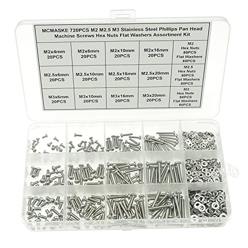 720PCS M2 M2.5 M3 Stainless Steel Phillips Pan Head Machine Screws Nuts Flat Washers Assortment Kit - size: M2, M2.5, M3