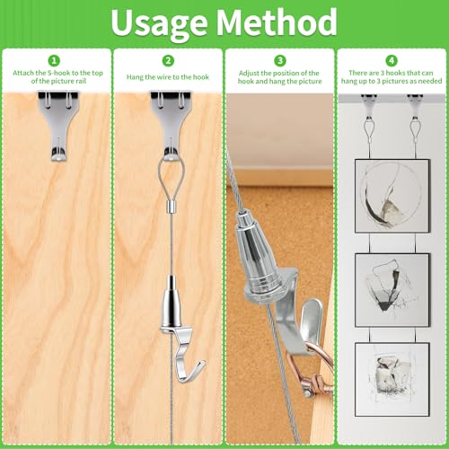 Adjustable Picture Hanging Wire Kit Picture Rail Hanging System Sturdy Gallery Display Rail Rope with 3 Hooks for Exhibition Art Gallery Frames Display (6.56 FT, 3 Hooks, 16) - style: 6.56 FT, 3 Hooks