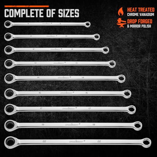 HORUSDY Extra Long Ratcheting Wrench Set, 8-22MM Double Box End, 9-Piece Metric CR-V Steel, with EVA Foam Tool Organizer - style: 9pcs Metric Ratchet Extra Long Wrench Set