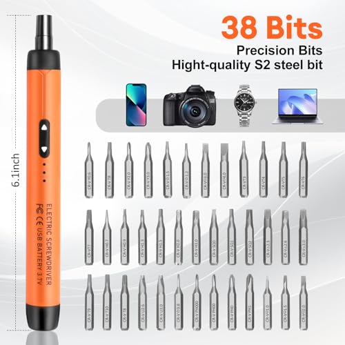 Mini Electric Screwdriver, 38 S2 Preicison Bits for PC Electronic | Small Cordless Electric Screwdriver, Precision Screwdriver Cordless Repair Tool