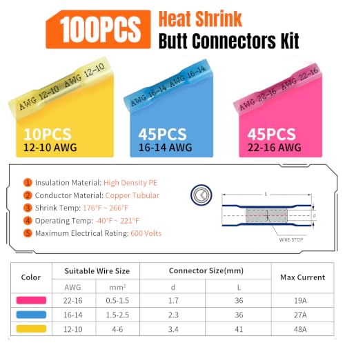 100PCS Heat Shrink Wire Butt Connectors Kit 22-10 Gauge Wire - color: 100pcs(22-10)