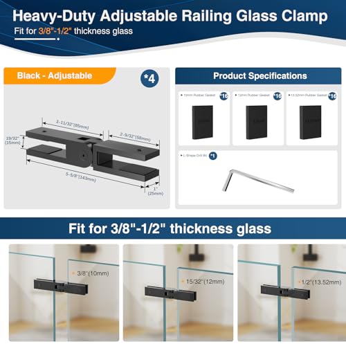 4 Pack Black Adjustable Glass to Glass Clamp, 90-180-270 Degree Railing Clamps, Stainless Steel T304 Railing Clips Brackets for Fence, Balustrade, Balcony Deck, Indoor & Outdoor - size: 4 Pack, style: Adjustable