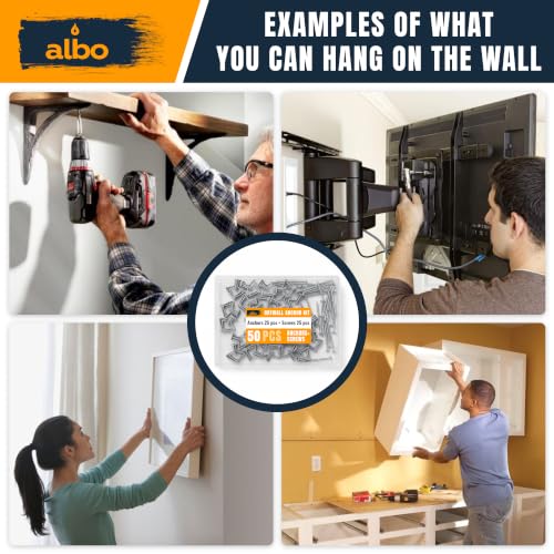 ALBO Drywall Anchor Kit Hollow Wall with Screws 50 pcs. (Grey Anchor 25pcs + Screws 25pcs) Plastic Hollow Wall Drilling Anchors - color: Grey 25pcs