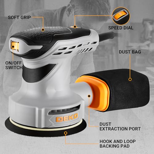Random Orbital Sander: DEKOPRO 5" Corded 3.0 Amps Electric Sander with Dust Box, 6 Various Speeds Adjustable Palm Sander with Dust Box, 16Pcs Sandpapers for Woodworking & Sanding-Yellow